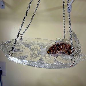 Snack plate and punch cup bird feeder made of vintage glassware